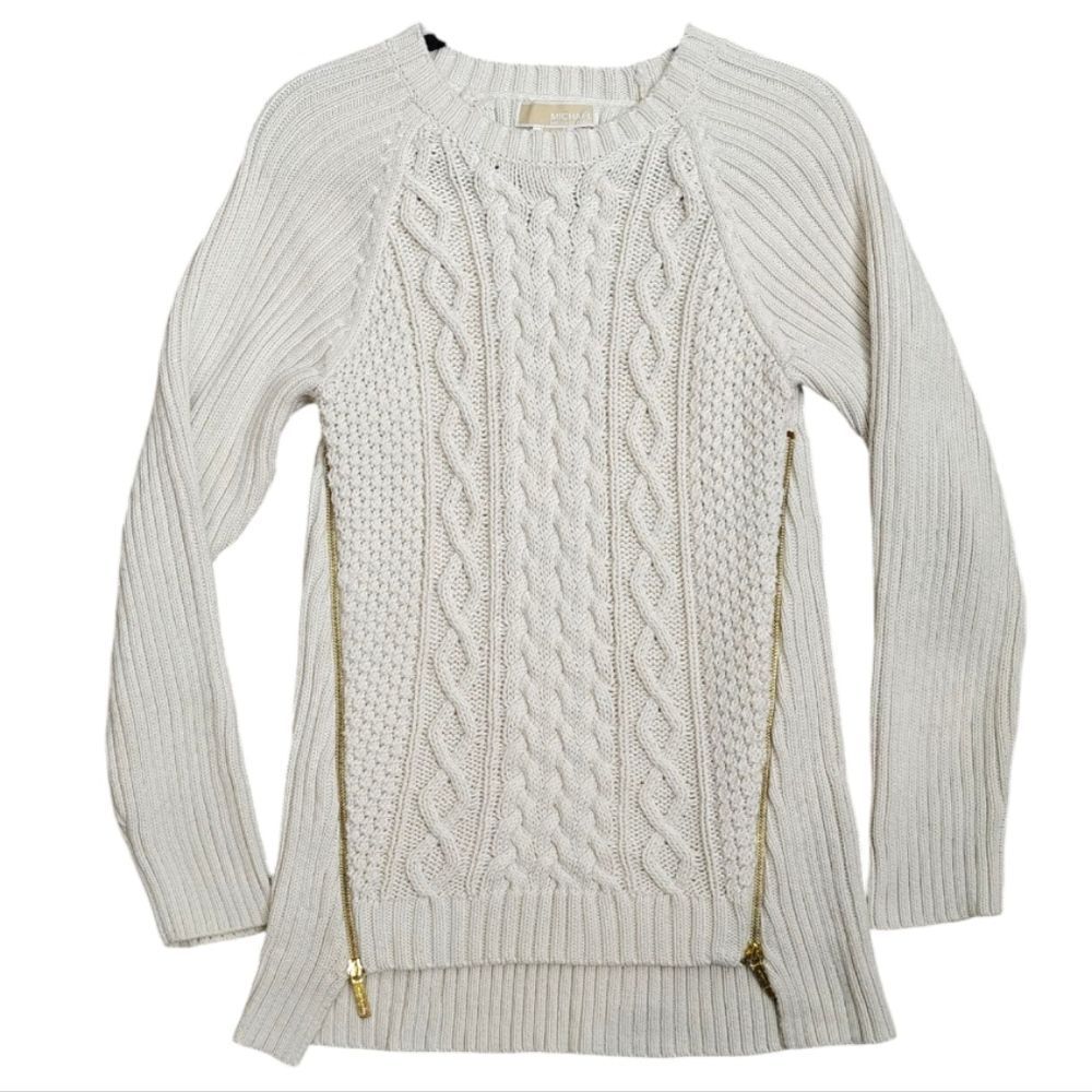 NWOT Michael Kors Ivory Cream Cable Knit Sweater with Gold Zippers Size L